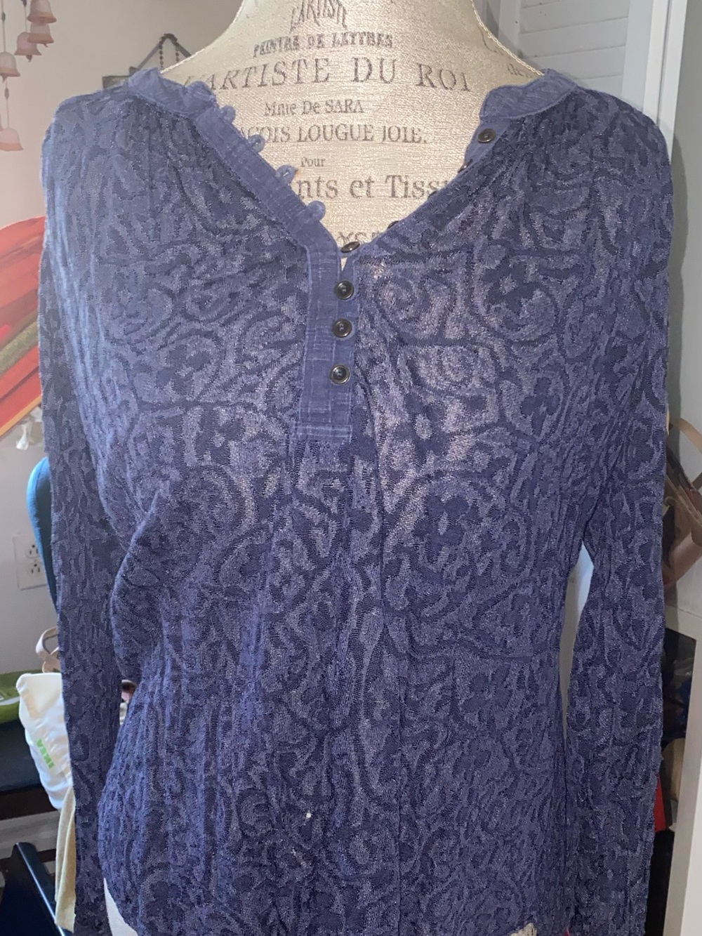 Lucky Brand Lavender-Blue Textured Lace Henley Top